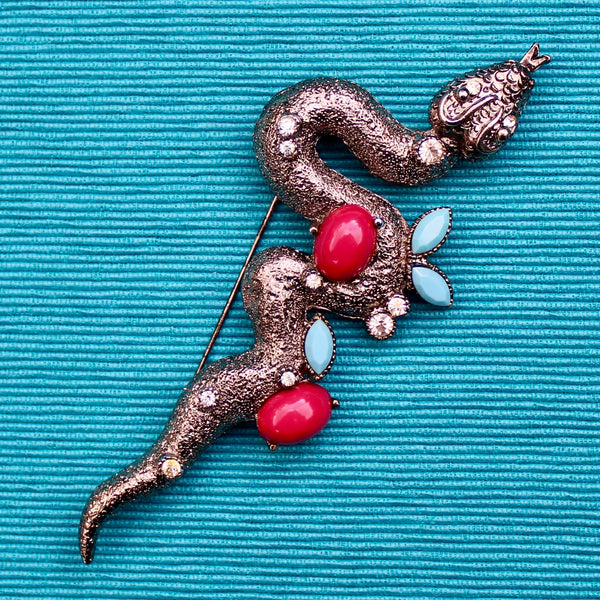 Giant Dark Coral and Turquoise Snake Brooch