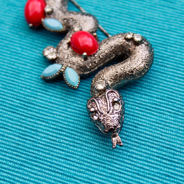 Giant Dark Coral and Turquoise Snake Brooch