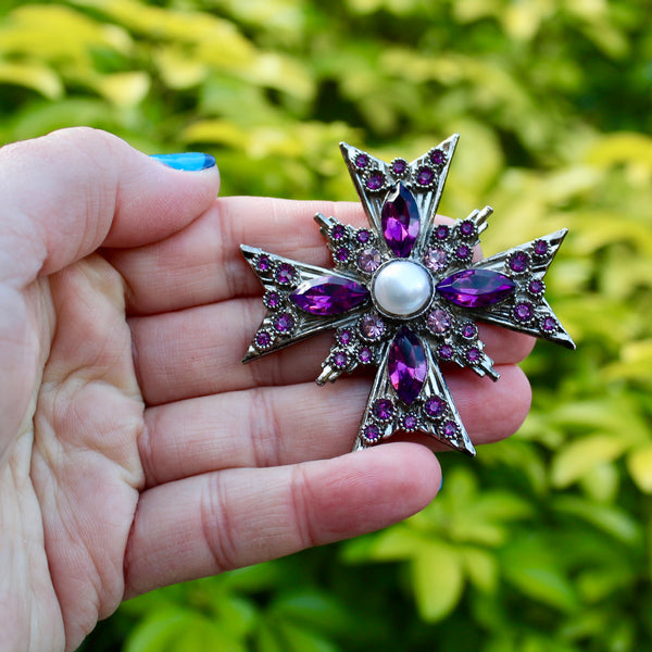 Purple Silver Cross Brooch