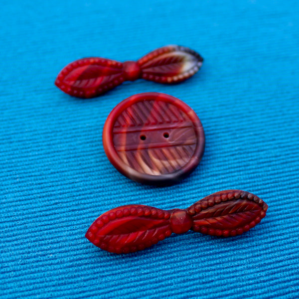 Czech Glass Red Button Bow Brooches