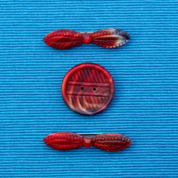 Czech Glass Red Button Bow Brooches