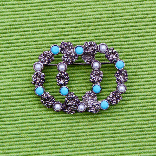 Double Silver Pearl and Turquoise Brooch