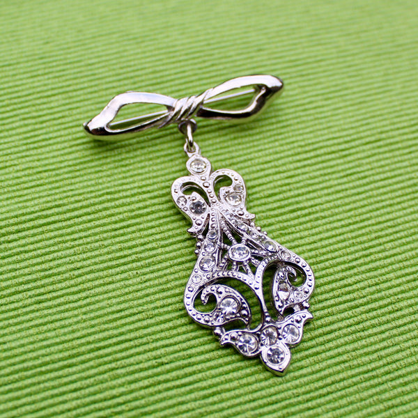 Silver Bow Rhinestone Drop Brooch