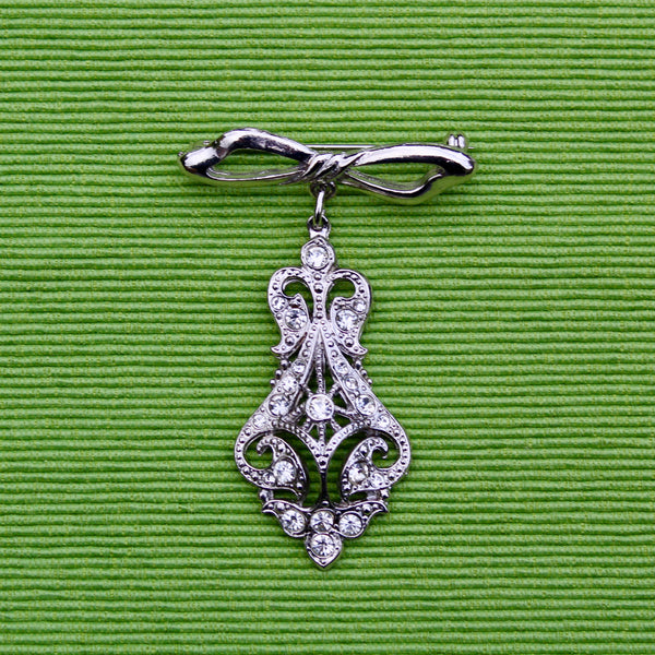 Silver Bow Rhinestone Drop Brooch