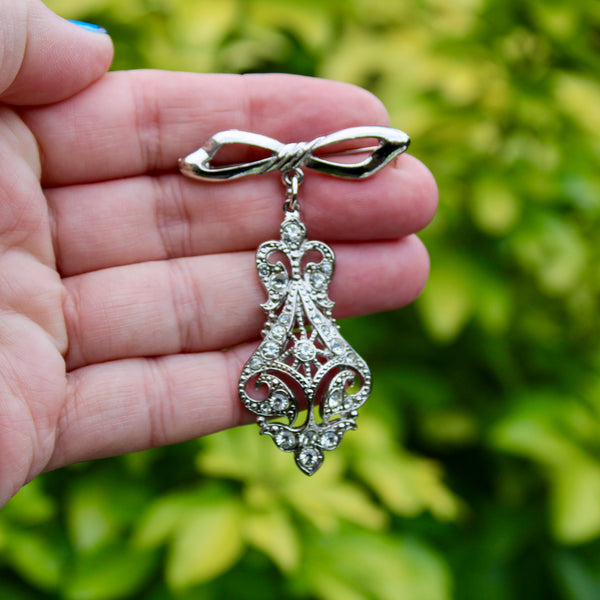 Silver Bow Rhinestone Drop Brooch