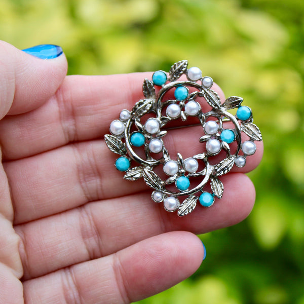 Silver Pearl and Turquoise Wreath Brooch