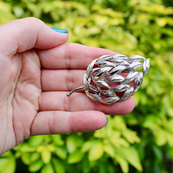 Silver Modernist Woven Leaf Brooch