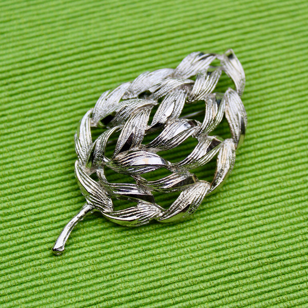 Silver Modernist Woven Leaf Brooch