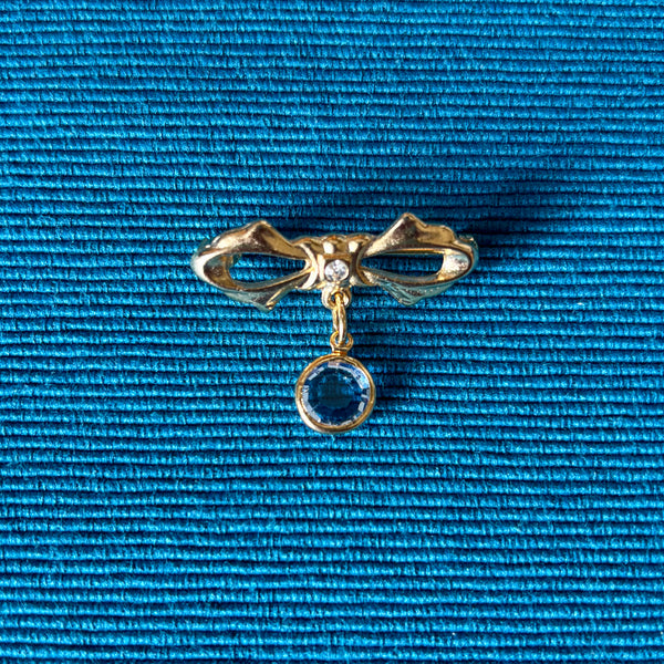 Tiny Blue Bow Drop Brooch