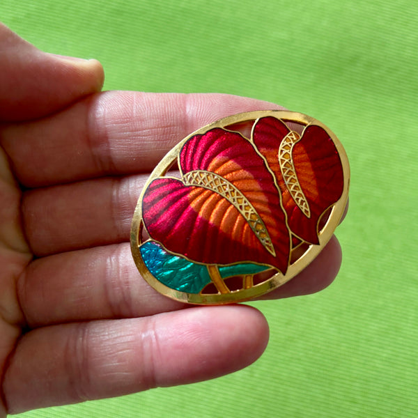 Cloisonné Enamel Plant Leaves Brooch