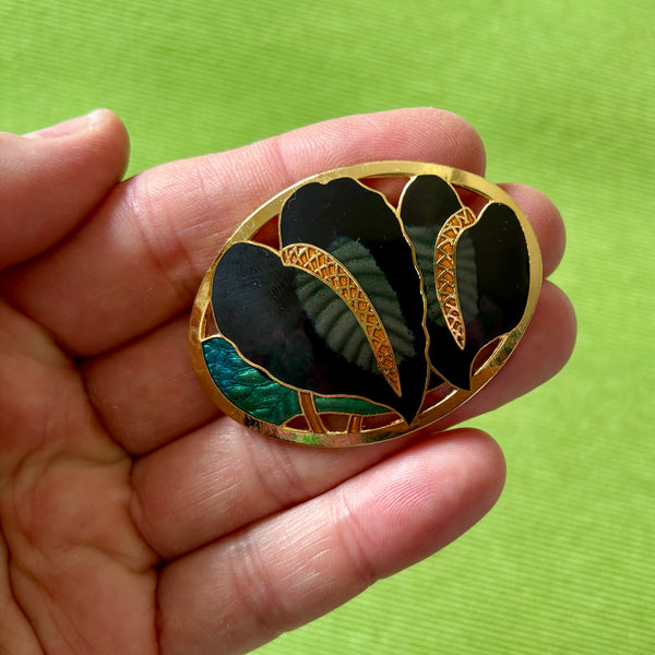 Cloisonné Enamel Plant Leaves Brooch