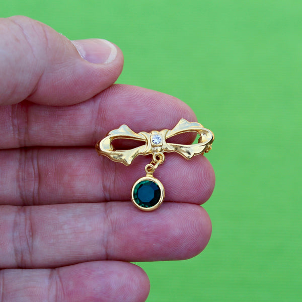 Tiny Green Bow Drop Brooch