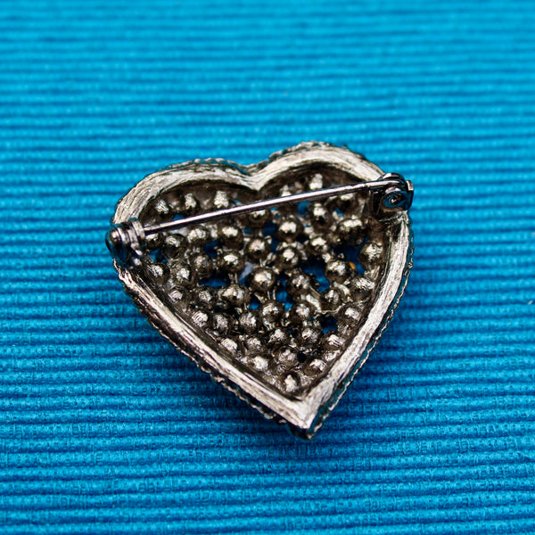 Rhinestone Heart Silver Brooch
