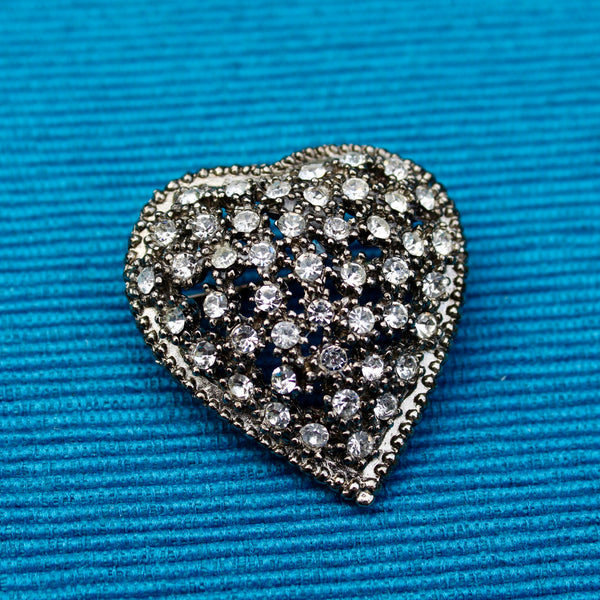 Rhinestone Heart Silver Brooch
