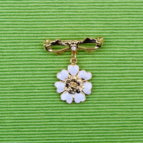 White Flower Bow Drop Brooch