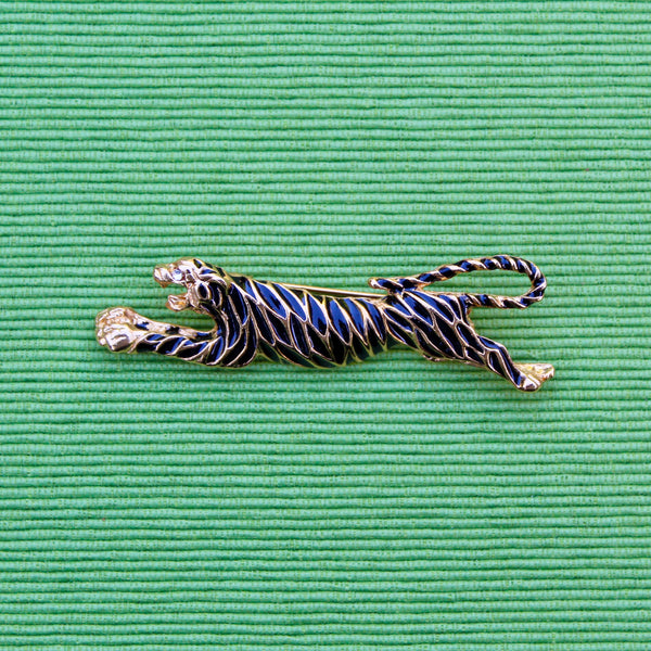 Running Enamel Tiger with Rhinestone Eye Brooch
