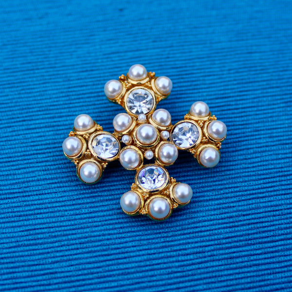 Rhinestone and Pearl Cross Brooch
