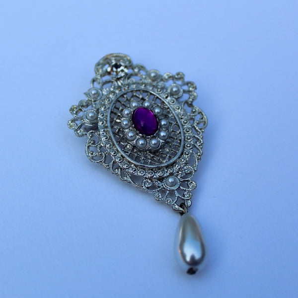 Purple Silver and Pearl Regency Drop Brooch