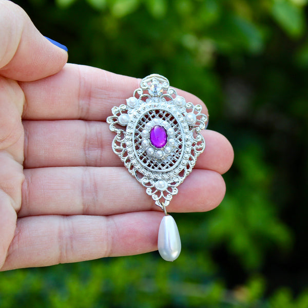 Purple Silver and Pearl Regency Drop Brooch