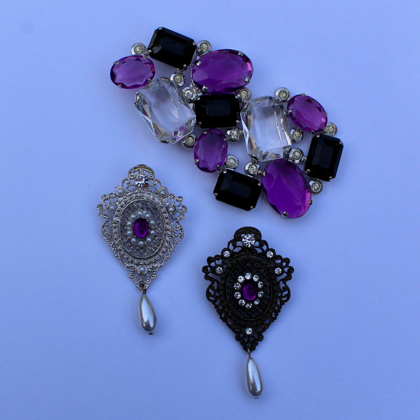 Purple Silver and Pearl Regency Drop Brooch