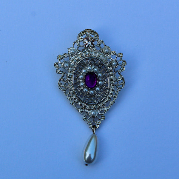 Purple Silver and Pearl Regency Drop Brooch