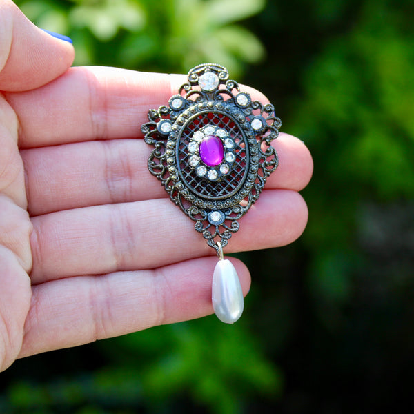 Antique Silver and Pearl Regency Drop Brooch