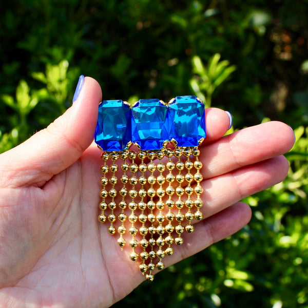 80s Deco Blue Brooch with Chains