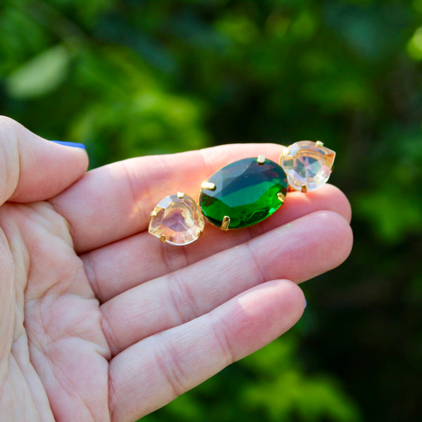 80s Deco Green and Clear Trio Brooch