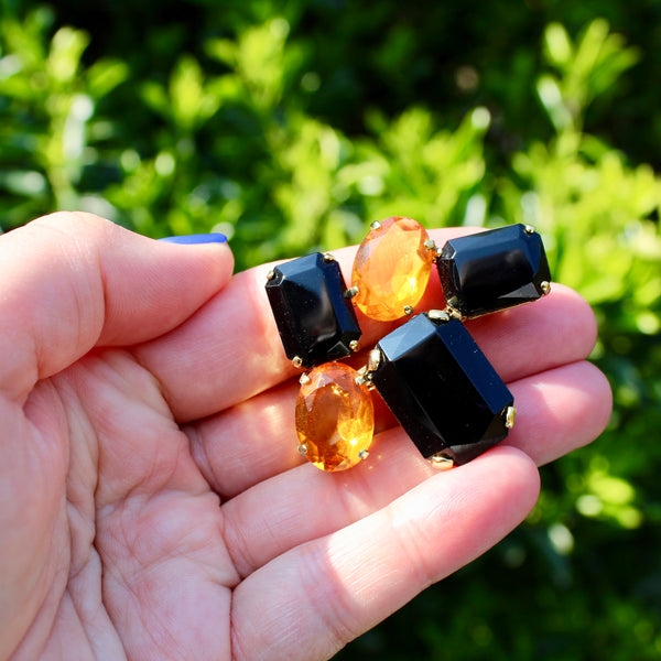 80s Deco Black and Topaz Brooch