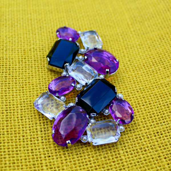 80s Deco Black and Purple Silver Brooch