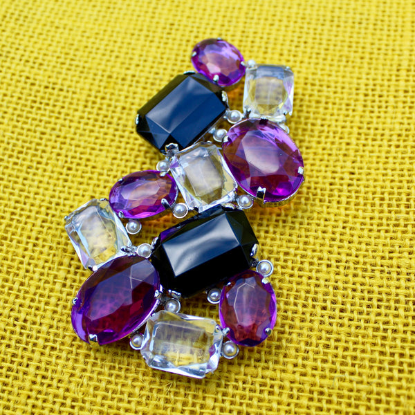 80s Deco Black and Purple Silver Brooch