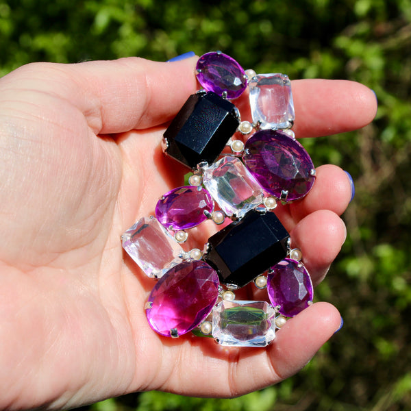 80s Deco Black and Purple Silver Brooch