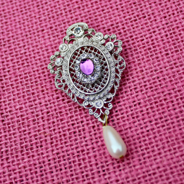 Silver Purple Rhinestone Regency Drop Brooch