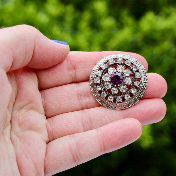 Purple Disc Silver Brooch