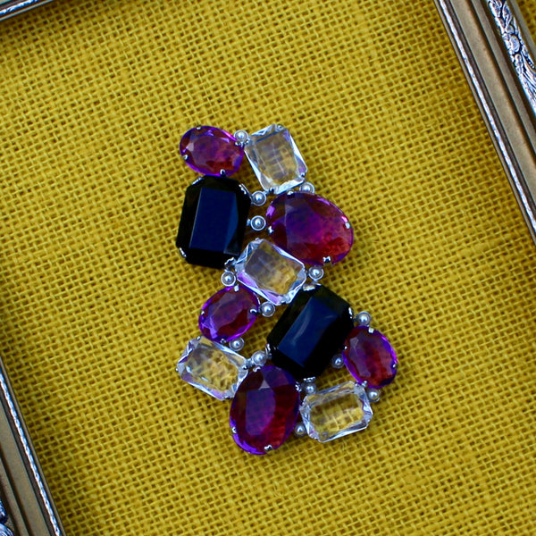 80s Deco Black and Purple Silver Brooch