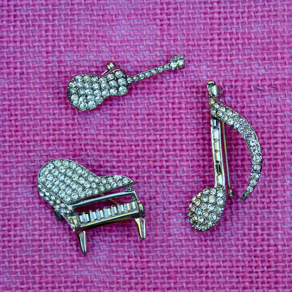 Rhinestone Music Trio Piano and Music Note Brooches