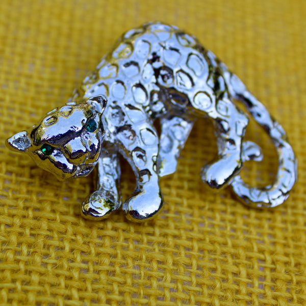 Green Eyed Spotted Silver Leopard Brooch