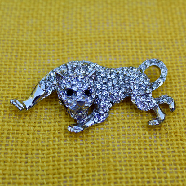 Silver Rhinestone Leopard Brooch