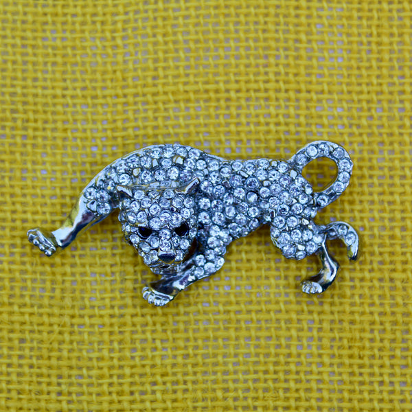 Silver Rhinestone Leopard Brooch