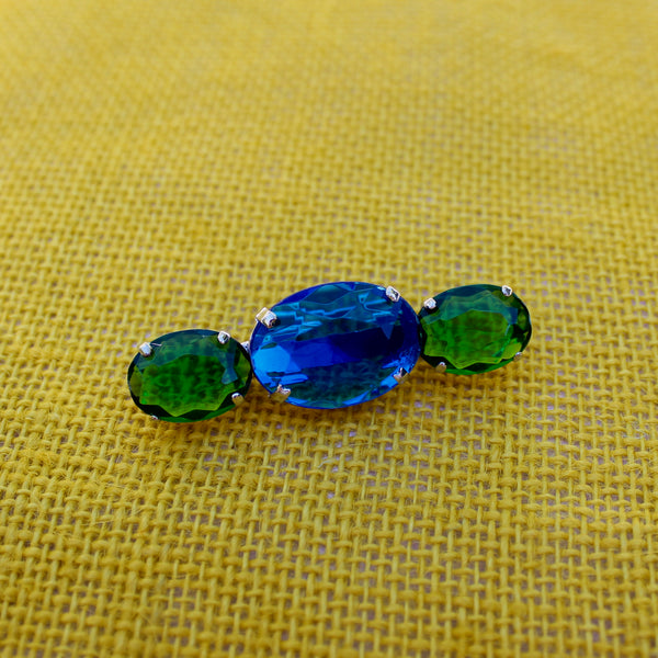 80s Deco Green and Blue Silver Trio Brooch