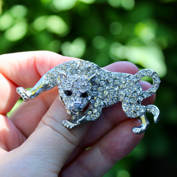 Silver Rhinestone Leopard Brooch