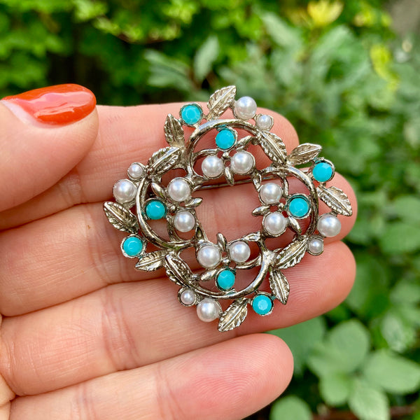 Silver and Faux Turquoise Pearl Wreath Brooch