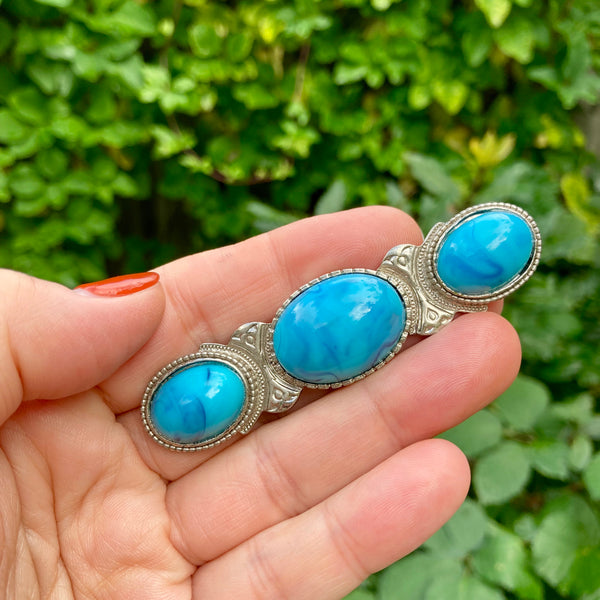 Faux Turquoise Silver Trio Brooch