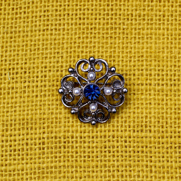 Tiny Blue Silver Brooch with Pearls