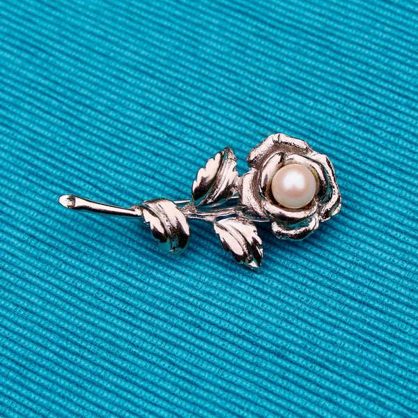 Silver Rose with Pearl Brooch