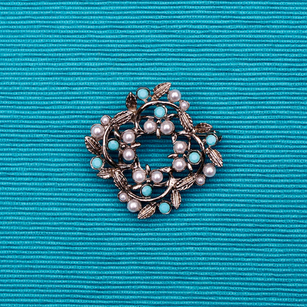 Silver and Faux Turquoise Pearl Wreath Brooch