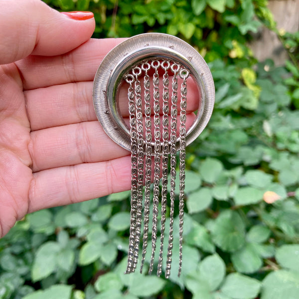 Silver Modernist Circle with Chains Brooch