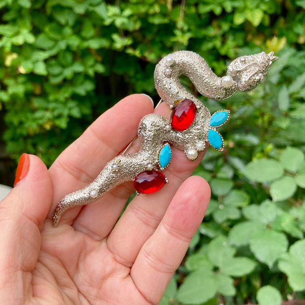 Giant Red and Turquoise Snake Brooch