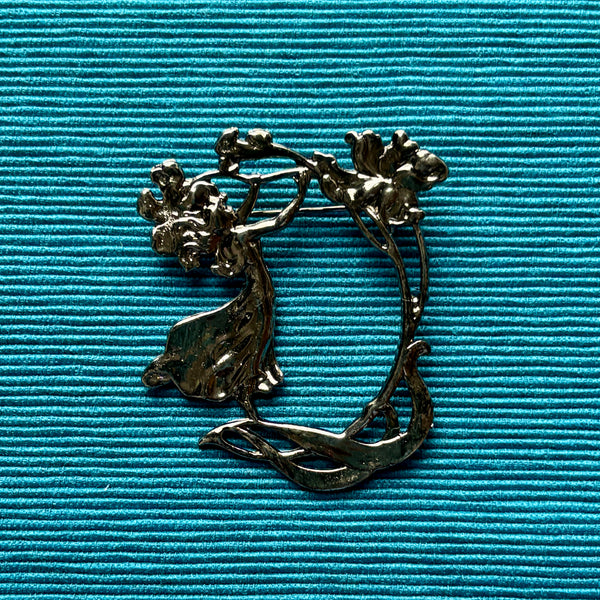 Art Nouveau Silver Woman and Flower Brooch