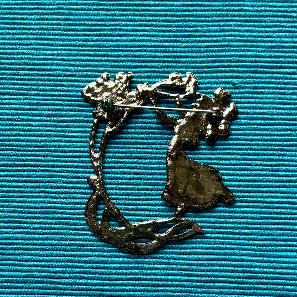 Art Nouveau Silver Woman and Flower Brooch